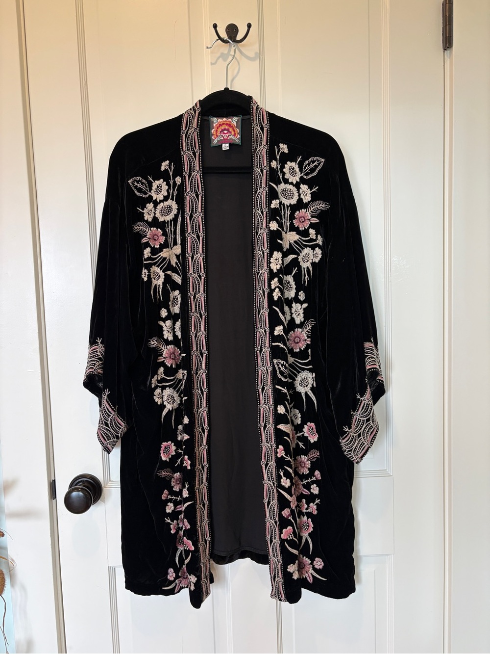 Johnny Was Embroidered Black Velvet Kimono Cardigan with Pink & Cream Floral
